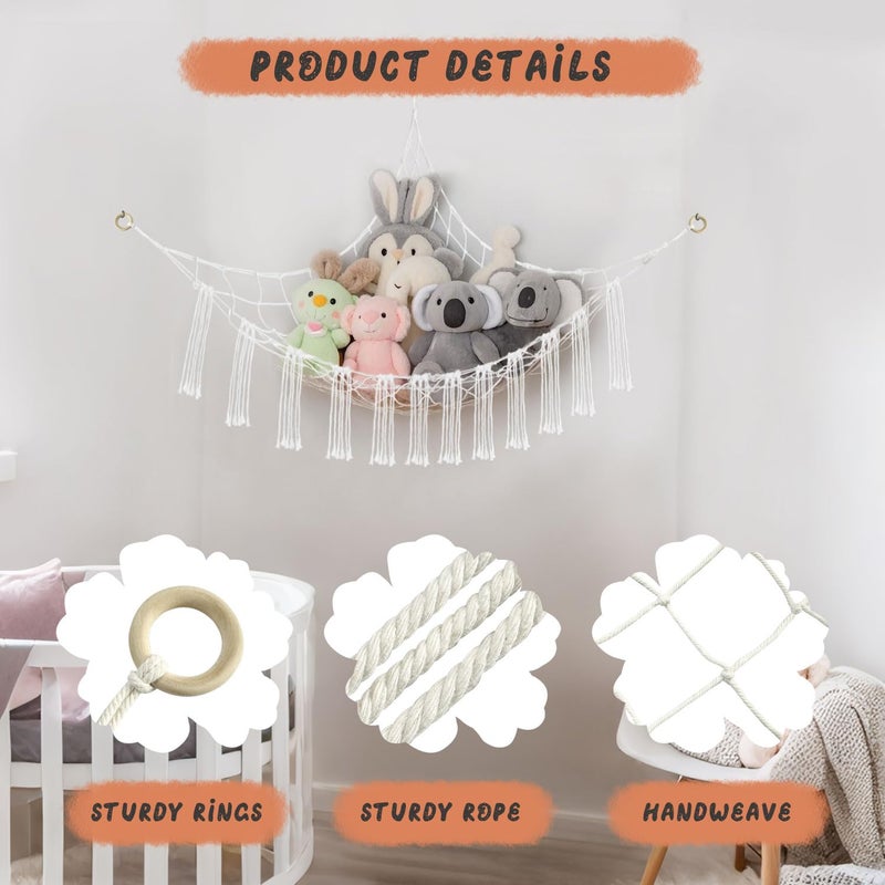 Bozenu 59 x 47 inches Stuffed Animal Hammock Corner Net, Plushie Net for Stuffed Animals Corner Large, Cotton Hammock Holder for Home, Room, Wall, Bedroom Decor (White) - Image 5