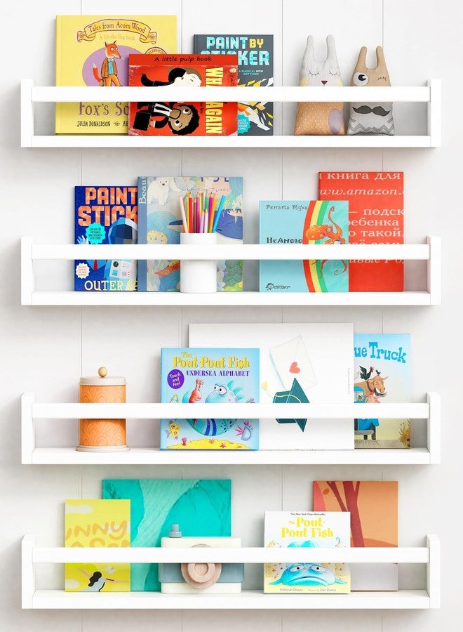 Forbena 24 Inch Wall Bookshelf for Kids Bedroom Set of 4, White Floating Nursery Book Shelves for Baby Toddler Children Girls Boys Room Decor, Large Wood Wall Mount Bookshelves and Toy Storage - Image 1