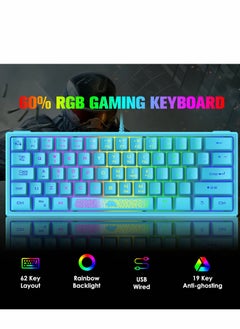 KASTWAVE لوحة مفاتيح للألعاب بنسبة 60%، صغيرة محمولة بألوان قوس قزح RGB بإضاءة خلفية مدمجة ومريحة، تصميم 62 مفتاحًا، 19 مفتاحًا، ملمس ميكانيكي مضاد للظلال، سلكي USB مقاوم للماء لأجهزة الكمبيوتر الشخصية وأجهزة الكمبيوتر المحمول التي تعمل بنظام Windows (أزرق)  - Image 4