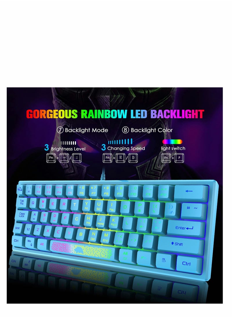 KASTWAVE - لوحة مفاتيح للألعاب بنسبة 60%، صغيرة محمولة بألوان قوس قزح RGB بإضاءة خلفية مدمجة ومريحة، تصميم 62 مفتاحًا، 19 مفتاحًا، ملمس ميكانيكي مضاد للظلال، سلكي USB مقاوم للماء لأجهزة الكمبيوتر الشخصية وأجهزة الكمبيوتر المحمول التي تعمل بنظام Windows (أزرق) - Image 1