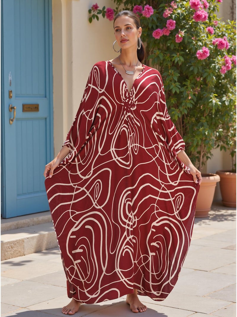 KECVOT Plus Size Women's Kaftan V-Neck Summer Maxi Swimsuit Coverup Moo Moos Beach Dress - Image 3