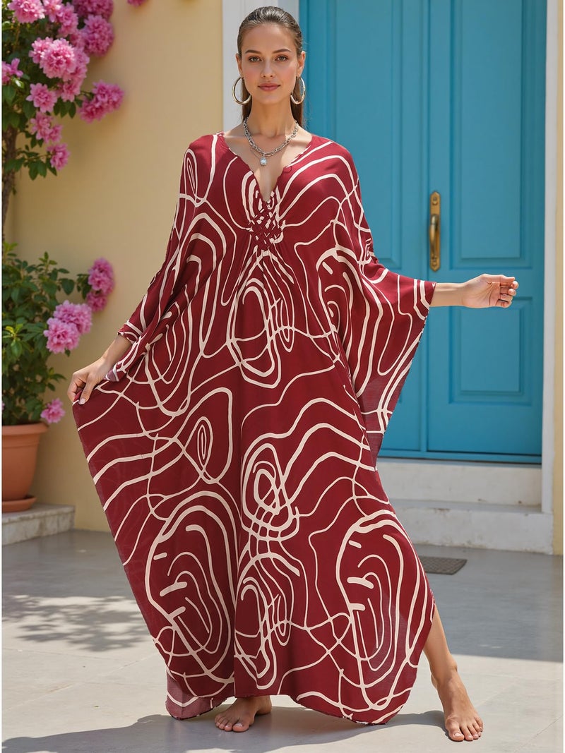 KECVOT Plus Size Women's Kaftan V-Neck Summer Maxi Swimsuit Coverup Moo Moos Beach Dress - Image 4