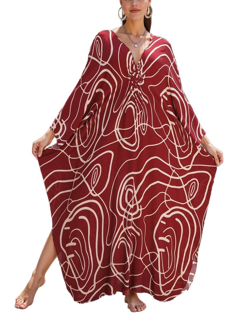 KECVOT Plus Size Women's Kaftan V-Neck Summer Maxi Swimsuit Coverup Moo Moos Beach Dress - Image 1