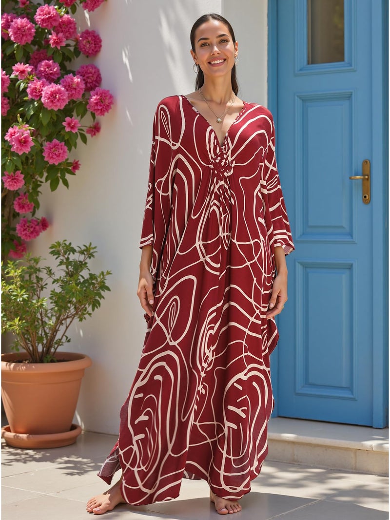 KECVOT Plus Size Women's Kaftan V-Neck Summer Maxi Swimsuit Coverup Moo Moos Beach Dress - Image 5