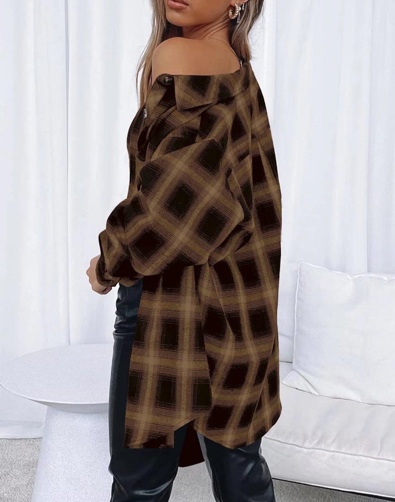 Lacozy Womens Oversized Buffalo Plaid Outfits Button Up Shirt Loose Lightweight Blouse with Pockets Khaki Large - Image 3