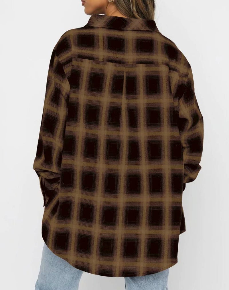 Lacozy Womens Oversized Buffalo Plaid Outfits Button Up Shirt Loose Lightweight Blouse with Pockets Khaki Large - Image 4