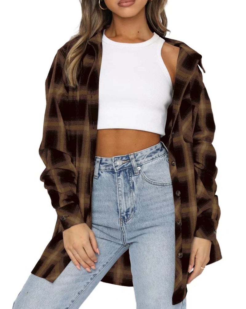 Lacozy Womens Oversized Buffalo Plaid Outfits Button Up Shirt Loose Lightweight Blouse with Pockets Khaki Large - Image 1