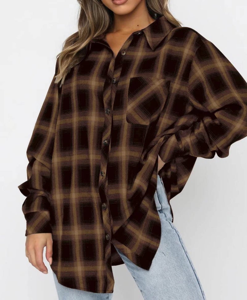 Lacozy Womens Oversized Buffalo Plaid Outfits Button Up Shirt Loose Lightweight Blouse with Pockets Khaki Large - Image 2