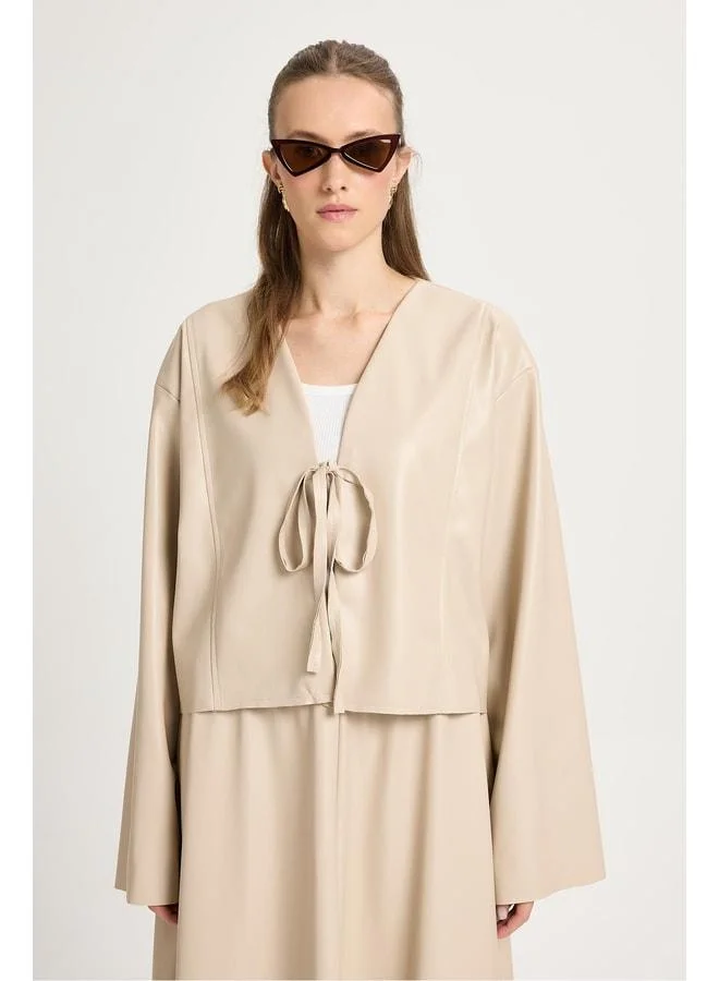 mina aise Stone Leather Front-Tying Short Jacket Kimono 30023.