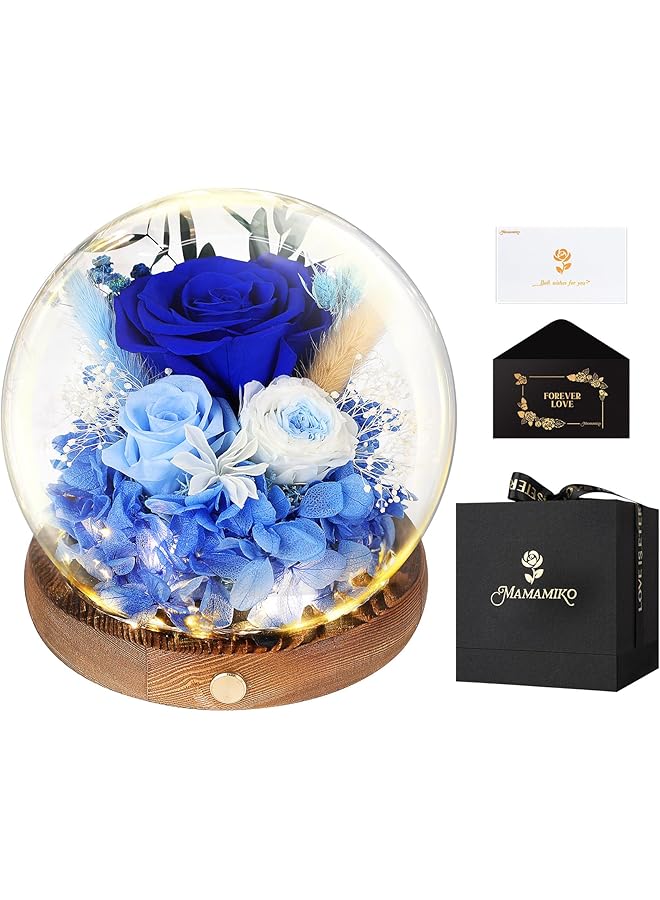 The Bros Preserved Roses in Glass Dome with LED Light - Long Lasting Real Flowers, Forever Flowers for Special Moments, Flowers Roses for Valentines Day Gifts, Mothers Day, Birthday Gifts for Women，Blue - Image 1