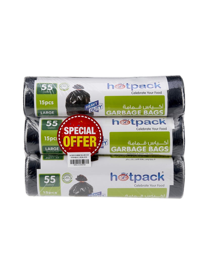 Hotpack Heavy Duty Garbage Bag Roll 15 Bags Pack Of 3  - Image 1