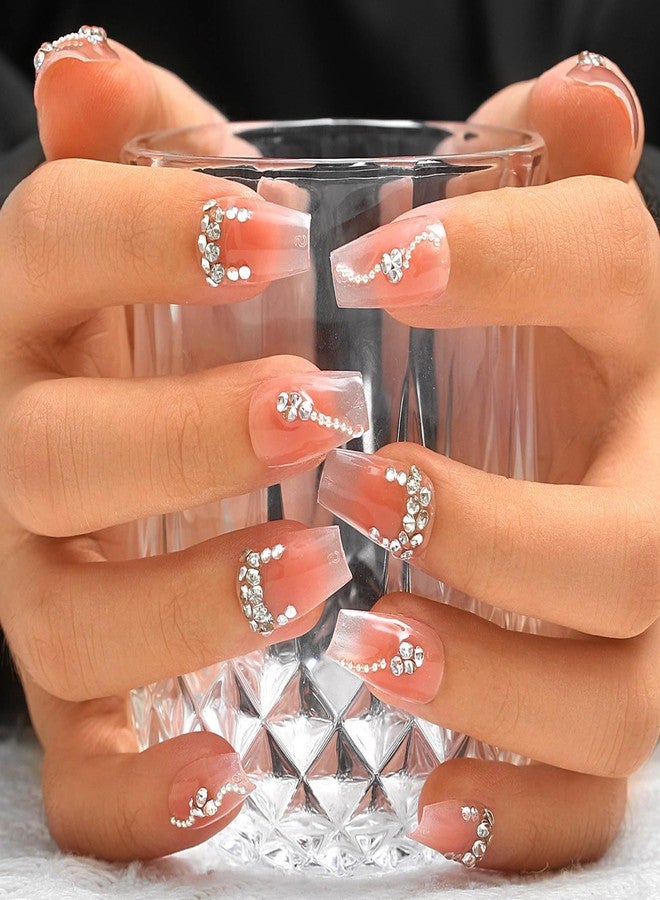 Sethexy Pink Rhinestone Handmade Press on Nail Medium Coffin False Nail with Design Acrylic Gradient Natural Glossy Fake Nails Salon Durable Nails for Women and Girls 10PCS(F) - Image 1