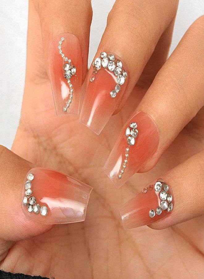 Sethexy Pink Rhinestone Handmade Press on Nail Medium Coffin False Nail with Design Acrylic Gradient Natural Glossy Fake Nails Salon Durable Nails for Women and Girls 10PCS(F) - Image 2