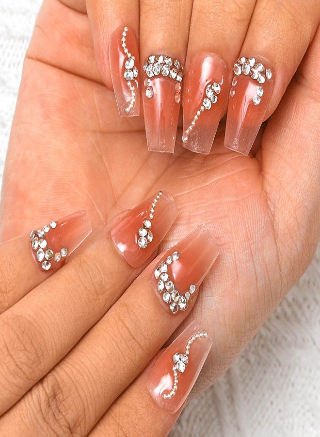 Sethexy Pink Rhinestone Handmade Press on Nail Medium Coffin False Nail with Design Acrylic Gradient Natural Glossy Fake Nails Salon Durable Nails for Women and Girls 10PCS(F) - Image 3