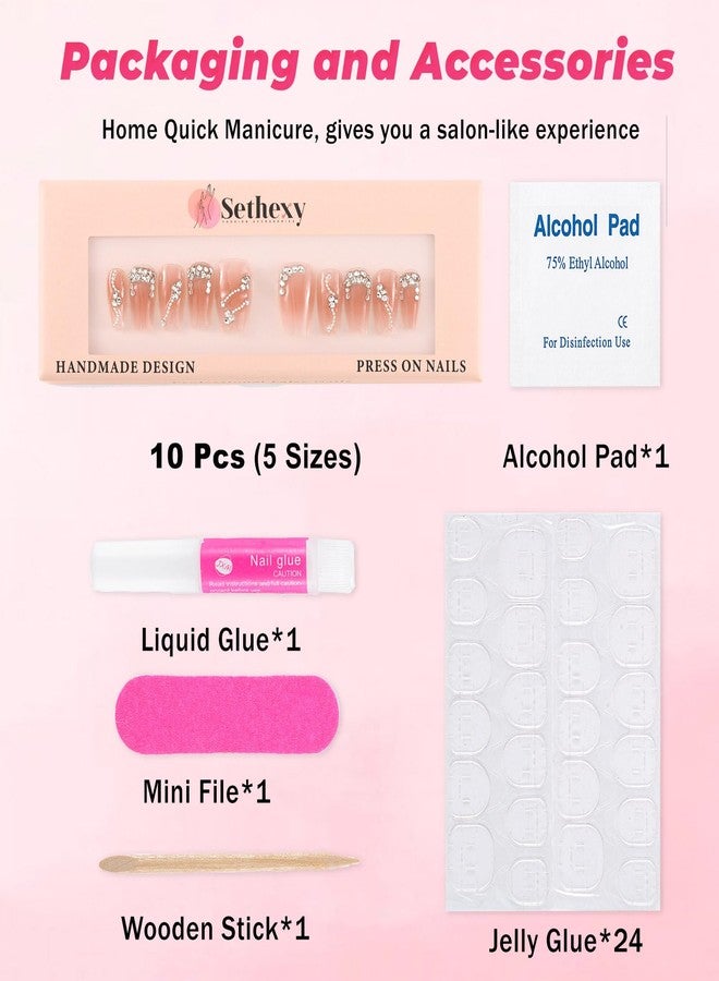 Sethexy Pink Rhinestone Handmade Press on Nail Medium Coffin False Nail with Design Acrylic Gradient Natural Glossy Fake Nails Salon Durable Nails for Women and Girls 10PCS(F) - Image 4