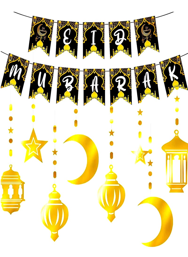 Eid Mubarak Decorations for Home, Eid Mubarak Banner 2 in 1 , 18 pcs Set Gold hanging decor Stars, Moon and Lanterns decoration , Eid Mubarak Banner Black Gold Hanging Banner Eid Mubarak Décor , Hanging Decor for Eid Mubarak, Eid-ul-Fitr, Eid-al-adha . Eid Mubarak Garland for Eid Mubarak Decorations | Eid Decorations for Home | Gold Eid Mubarak Hanging with Cutouts  - Image 1