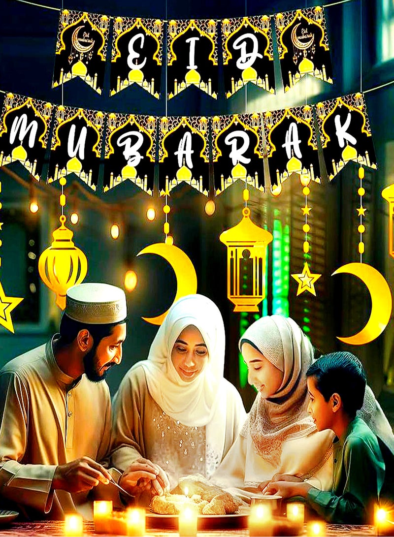 Eid Mubarak Decorations for Home, Eid Mubarak Banner 2 in 1 , 18 pcs Set Gold hanging decor Stars, Moon and Lanterns decoration , Eid Mubarak Banner Black Gold Hanging Banner Eid Mubarak Décor , Hanging Decor for Eid Mubarak, Eid-ul-Fitr, Eid-al-adha . Eid Mubarak Garland for Eid Mubarak Decorations | Eid Decorations for Home | Gold Eid Mubarak Hanging with Cutouts  - Image 2