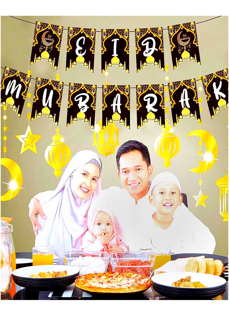 Eid Mubarak Decorations for Home, Eid Mubarak Banner 2 in 1 , 18 pcs Set Gold hanging decor Stars, Moon and Lanterns decoration , Eid Mubarak Banner Black Gold Hanging Banner Eid Mubarak Décor , Hanging Decor for Eid Mubarak, Eid-ul-Fitr, Eid-al-adha . Eid Mubarak Garland for Eid Mubarak Decorations | Eid Decorations for Home | Gold Eid Mubarak Hanging with Cutouts  - Image 3