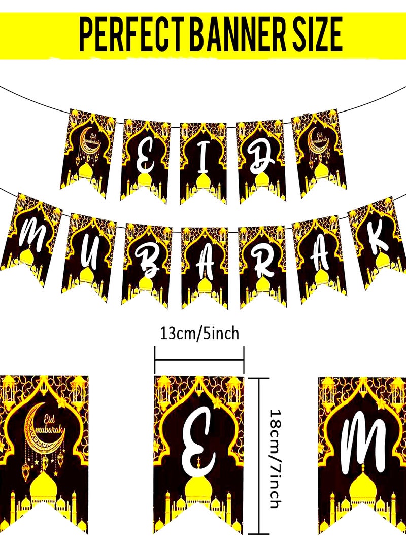 Eid Mubarak Decorations for Home, Eid Mubarak Banner 2 in 1 , 18 pcs Set Gold hanging decor Stars, Moon and Lanterns decoration , Eid Mubarak Banner Black Gold Hanging Banner Eid Mubarak Décor , Hanging Decor for Eid Mubarak, Eid-ul-Fitr, Eid-al-adha . Eid Mubarak Garland for Eid Mubarak Decorations | Eid Decorations for Home | Gold Eid Mubarak Hanging with Cutouts  - Image 4