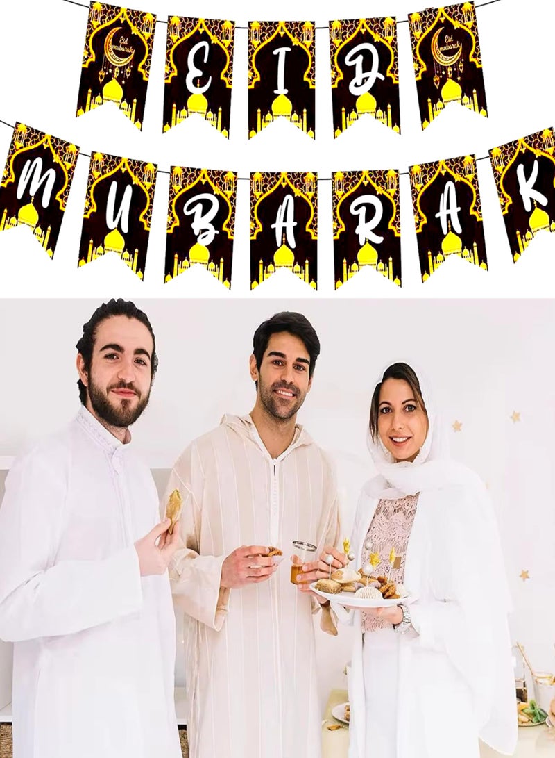 Eid Mubarak Decorations for Home, Eid Mubarak Banner 2 in 1 , 18 pcs Set Gold hanging decor Stars, Moon and Lanterns decoration , Eid Mubarak Banner Black Gold Hanging Banner Eid Mubarak Décor , Hanging Decor for Eid Mubarak, Eid-ul-Fitr, Eid-al-adha . Eid Mubarak Garland for Eid Mubarak Decorations | Eid Decorations for Home | Gold Eid Mubarak Hanging with Cutouts  - Image 5
