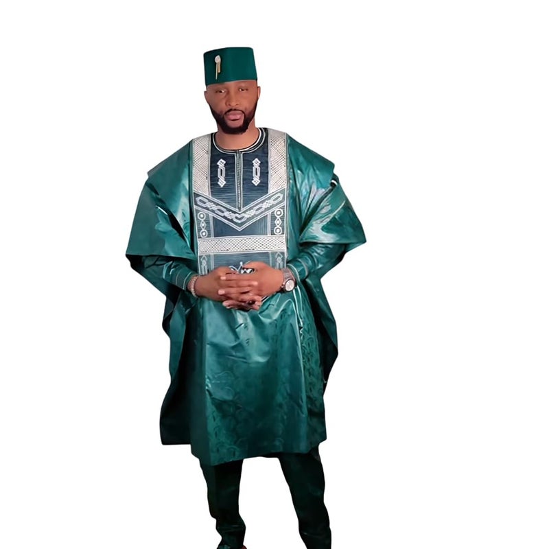 HD African Traditional Bazin Formal Attire For Man Green Embroidery Agbada Boubou Clothes Set 3 Pieces Dashiki Outfit L - Image 1