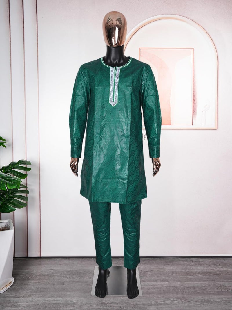 HD African Traditional Bazin Formal Attire For Man Green Embroidery Agbada Boubou Clothes Set 3 Pieces Dashiki Outfit L - Image 5