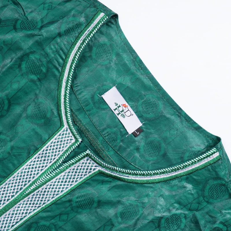 HD African Traditional Bazin Formal Attire For Man Green Embroidery Agbada Boubou Clothes Set 3 Pieces Dashiki Outfit L - Image 4