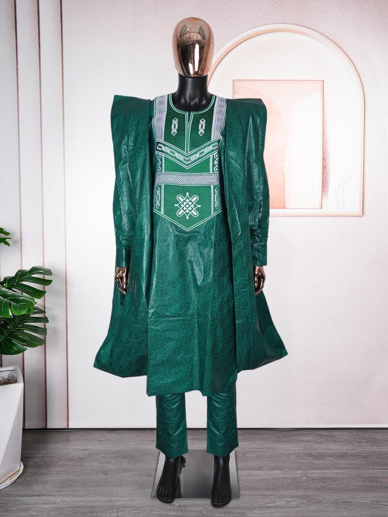 HD African Traditional Bazin Formal Attire For Man Green Embroidery Agbada Boubou Clothes Set 3 Pieces Dashiki Outfit L - Image 3