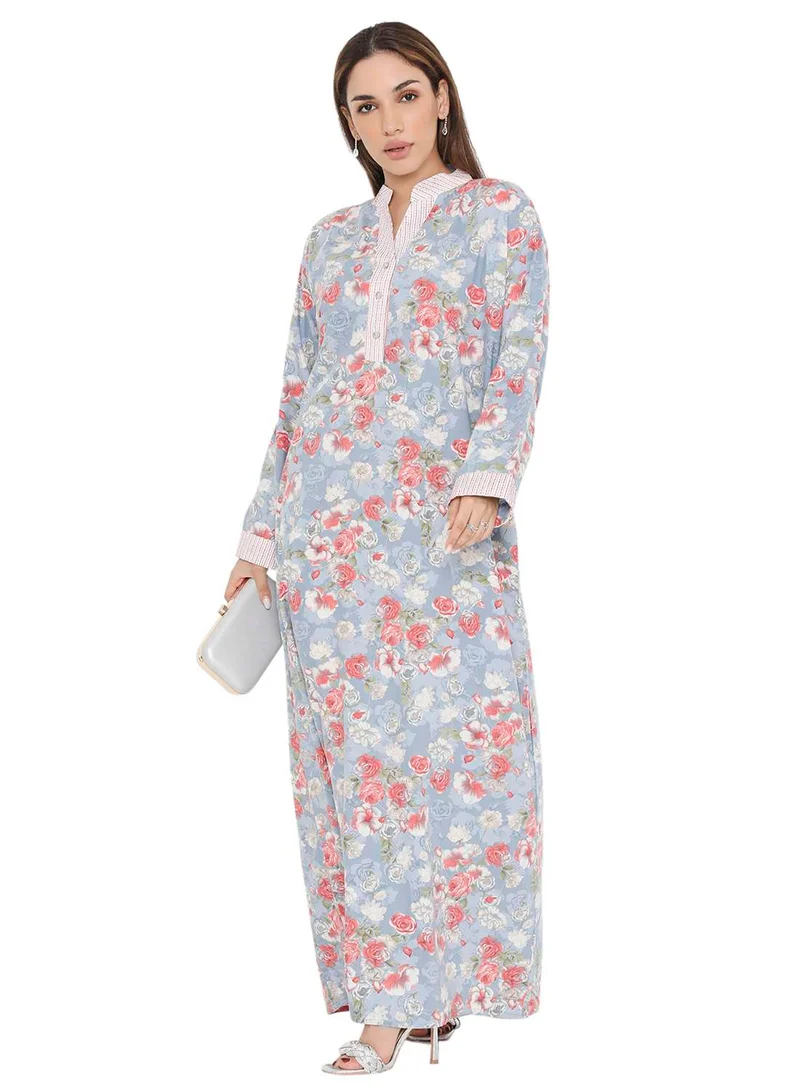 هانا آند سارا LONG VISCOSE FLORAL PRINTED COLLAR ARABIC KAFTAN JALABIYA FARASHA DRESS