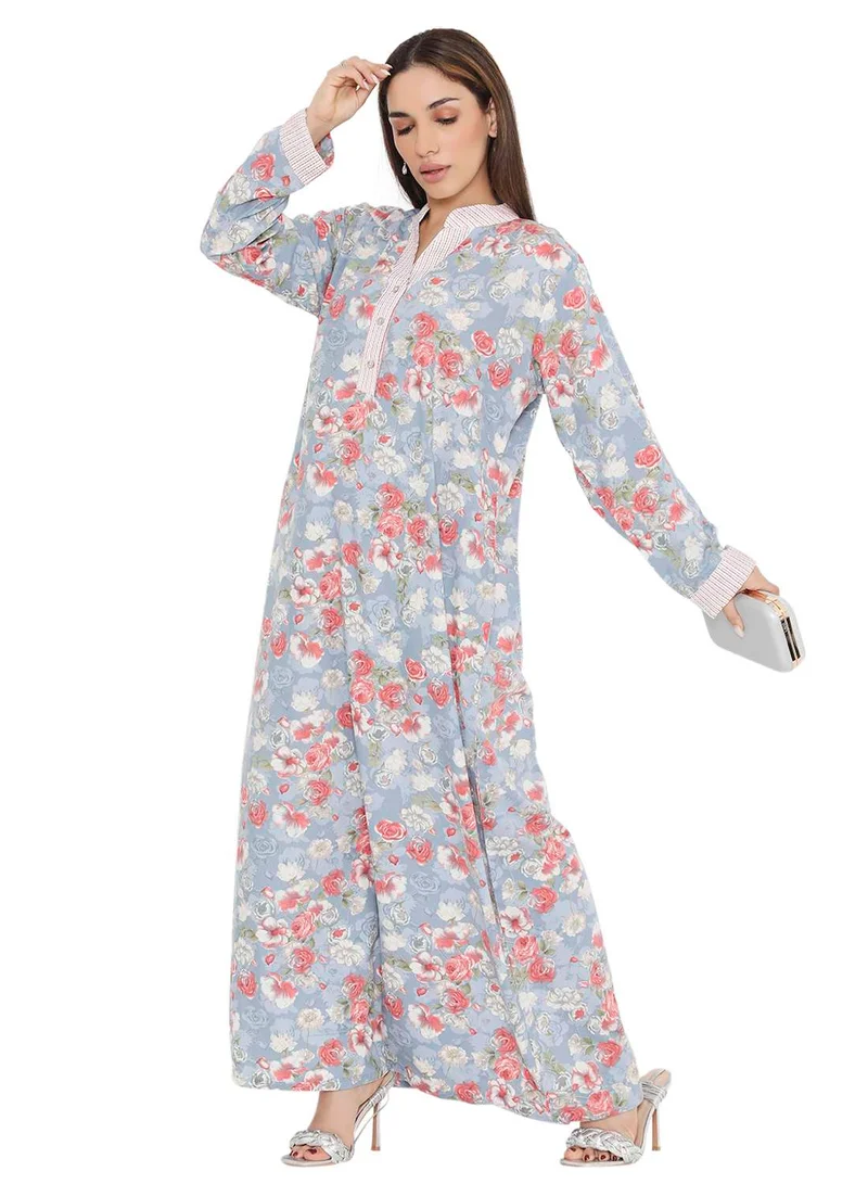 هانا آند سارا LONG VISCOSE FLORAL PRINTED COLLAR ARABIC KAFTAN JALABIYA FARASHA DRESS