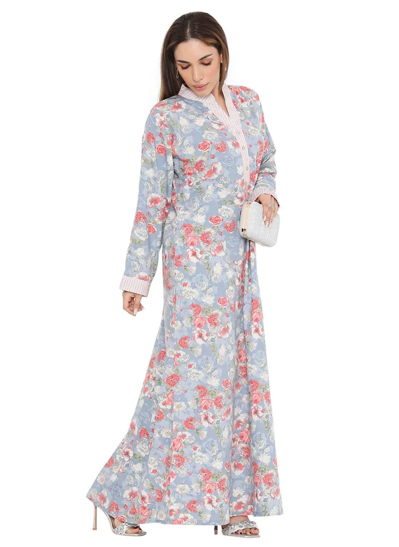 HANA & SARA LONG VISCOSE FLORAL PRINTED COLLAR ARABIC KAFTAN JALABIYA FARASHA DRESS