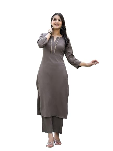 Varanga Women Taupe Crepe Round Neck Kurta with Bottom, Three-Quarter Sleeves, Straight Cut, Side Slit, Tonal Bottom - Image 1