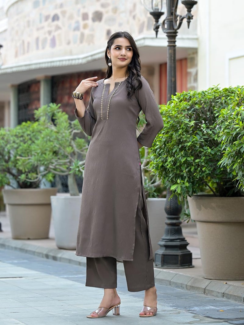 Varanga Women Taupe Crepe Round Neck Kurta with Bottom, Three-Quarter Sleeves, Straight Cut, Side Slit, Tonal Bottom - Image 2