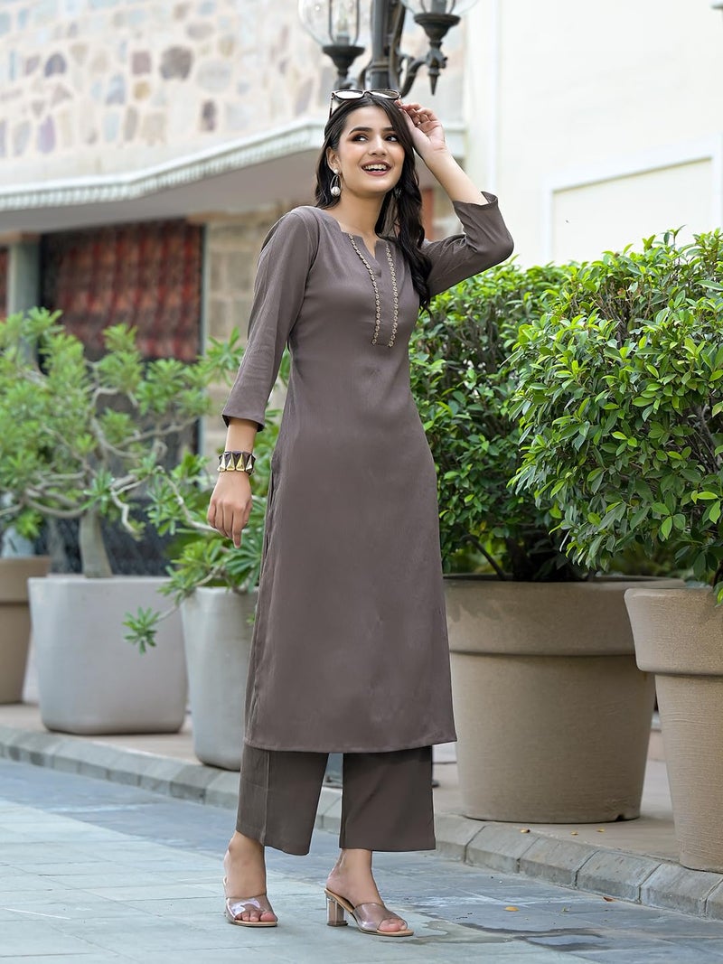 Varanga Women Taupe Crepe Round Neck Kurta with Bottom, Three-Quarter Sleeves, Straight Cut, Side Slit, Tonal Bottom - Image 5