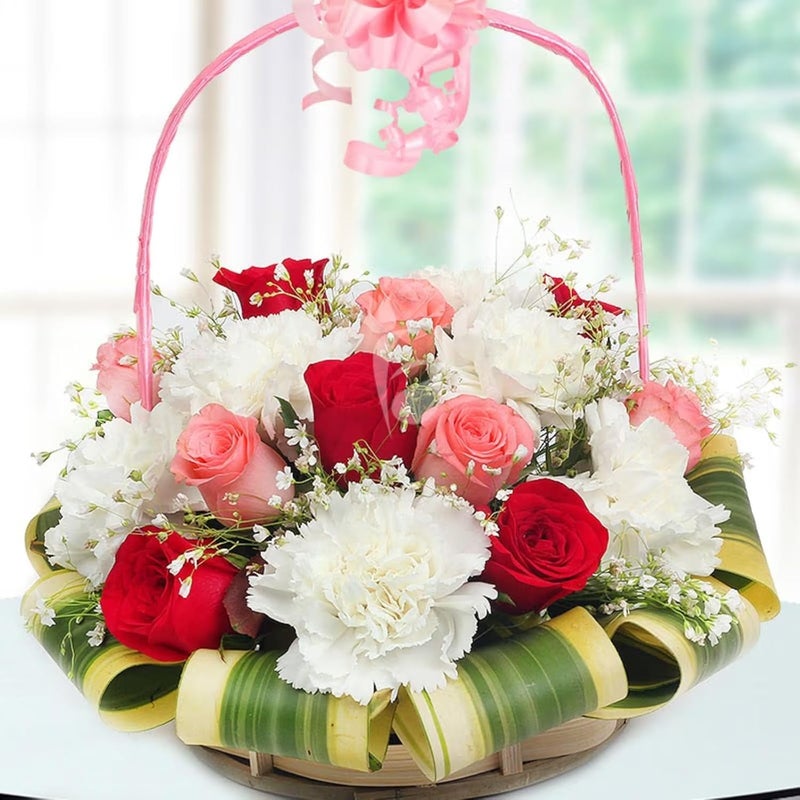 FlowerAura Fresh Live Flower Bouquet of 15 Roses 10 Carnations Flowers In Kashmiri Basket For Birthday Gift Anniversary Gift Congratulations Gift Gift For Special Occasions Same Day Delivery - Image 1