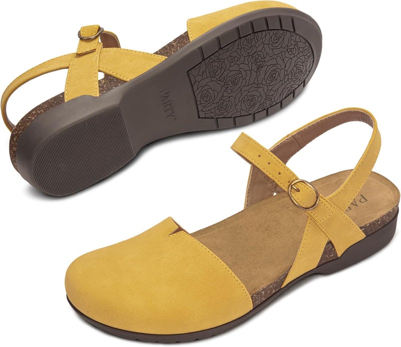 Closed Toe Sandals for Women with Arch Support and Cork Footbed - Yellow - Image 5