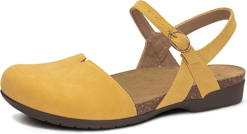 Closed Toe Sandals for Women with Arch Support and Cork Footbed - Yellow - Image 1