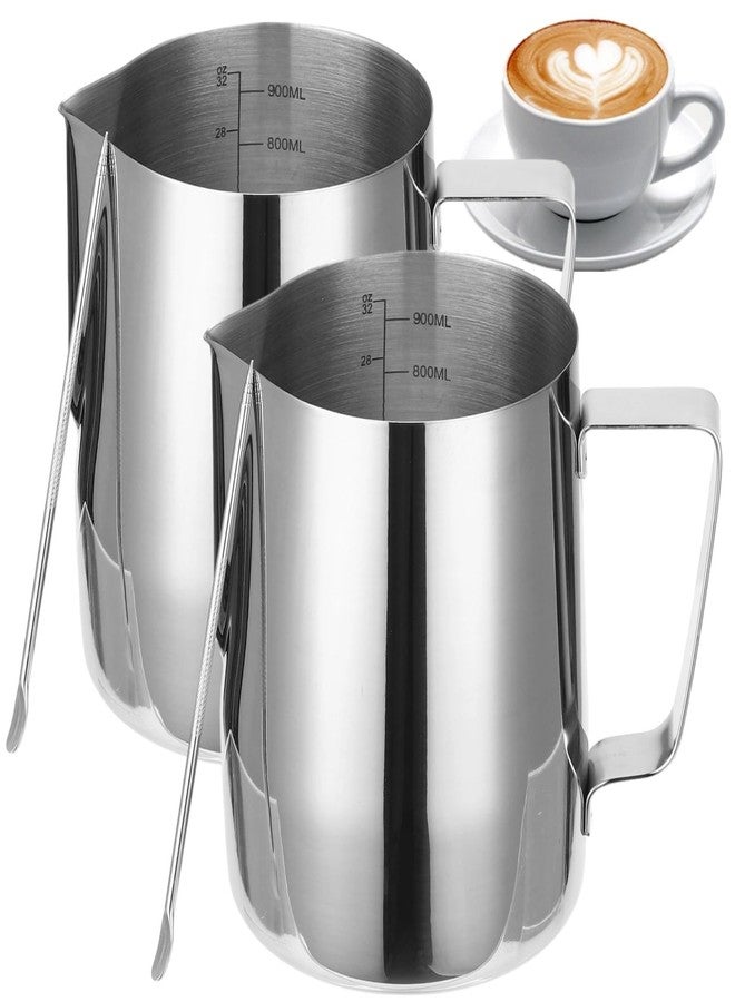 NIMBLOOM 2 PCS Milk Frothing Pitcher Set, 900ml 32oz Stainless Steel Coffee Steaming Pitchers with Measurement Marks, Precision Pour Spout Milk Jug Cups with Latte Art Pen for Espresso Cappuccino - Image 1