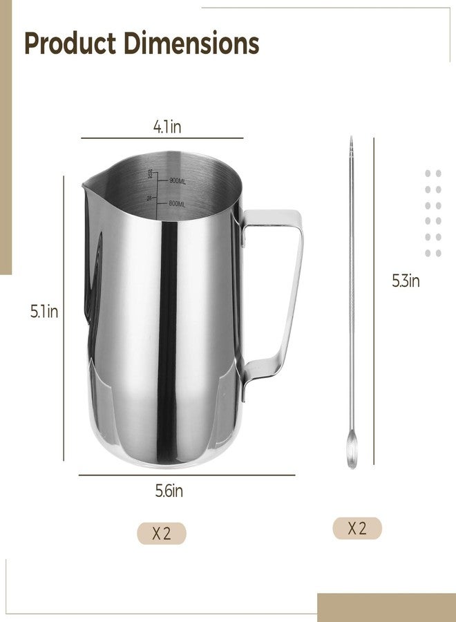 NIMBLOOM 2 PCS Milk Frothing Pitcher Set, 900ml 32oz Stainless Steel Coffee Steaming Pitchers with Measurement Marks, Precision Pour Spout Milk Jug Cups with Latte Art Pen for Espresso Cappuccino - Image 4