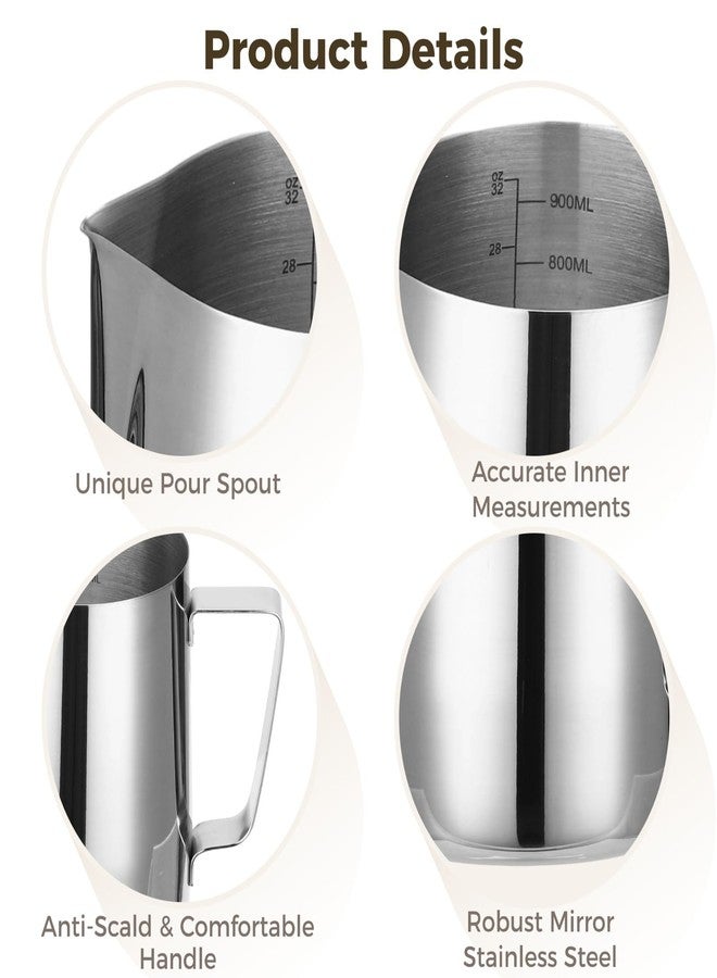 NIMBLOOM 2 PCS Milk Frothing Pitcher Set, 900ml 32oz Stainless Steel Coffee Steaming Pitchers with Measurement Marks, Precision Pour Spout Milk Jug Cups with Latte Art Pen for Espresso Cappuccino - Image 3