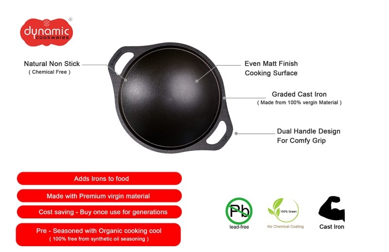 DYNAMIC COOKWARES Premium Pre-Seasoned Even matt Finish Cast Iron Appam Pan 8 Inch/22.05 cm | Gas Compatible | Naturally Nonstick Appam Patra/Chatti/Kallu/Palappam Pan, 100% Pure & Toxin-Free, Black - Image 2