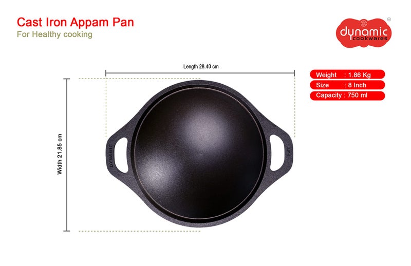 DYNAMIC COOKWARES Premium Pre-Seasoned Even matt Finish Cast Iron Appam Pan 8 Inch/22.05 cm | Gas Compatible | Naturally Nonstick Appam Patra/Chatti/Kallu/Palappam Pan, 100% Pure & Toxin-Free, Black - Image 3
