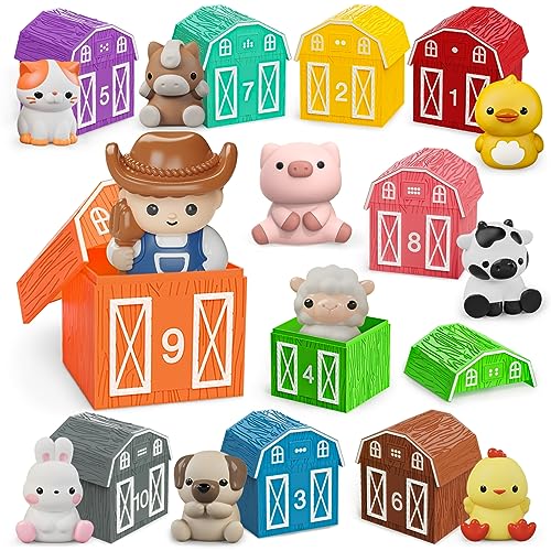 AuroTops Learning Toy for Toddlers 1 2 3+ Years Old, 20 PCS Farm Animal Barn playset & Finger Puppets, Montessori toys for Kids,10 Animals & 10 Barns for Babies Boys Girls Easter Christmas Birthday Gift - Image 1