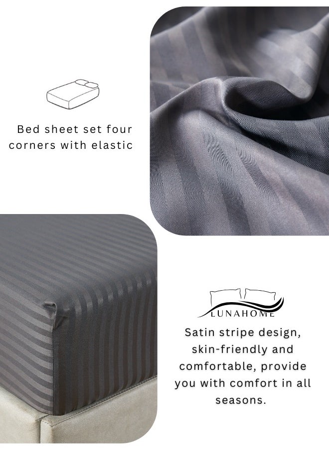 LUNA Home - 3 Pcs Queen Size Fitted sheet with elastic corner 160*200 + 30 cm with 2 pillow cases, bedsheet set, dark grey. - Image 1
