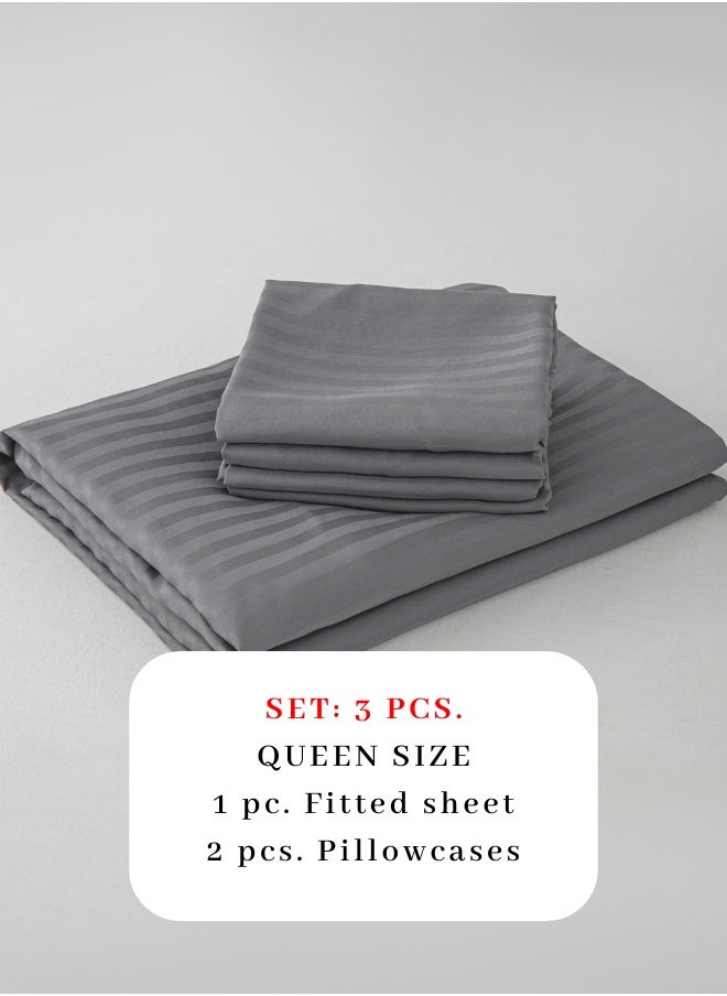 LUNA Home - 3 Pcs Queen Size Fitted sheet with elastic corner 160*200 + 30 cm with 2 pillow cases, bedsheet set, dark grey. - Image 1