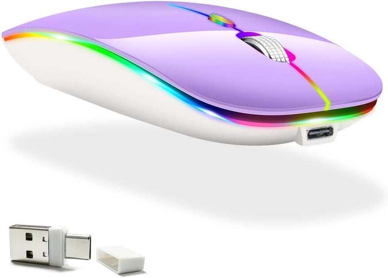 KLO فأرة LED قابلة للشحن (BT5.2 + Type-C + USB2.4G) بلوتوث لفات MacBook / MacBook Air / Pro / Laptop / Notebook / PC / iPad / Chromebook (LED / بنفسجي) - Image 1