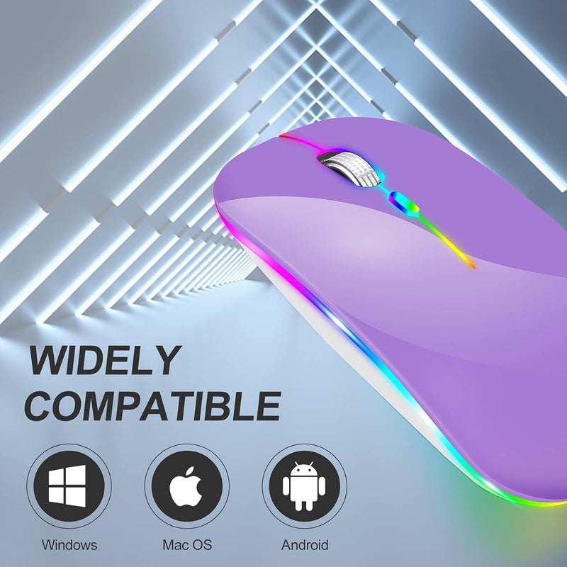 KLO فأرة LED قابلة للشحن (BT5.2 + Type-C + USB2.4G) بلوتوث لفات MacBook / MacBook Air / Pro / Laptop / Notebook / PC / iPad / Chromebook (LED / بنفسجي) - Image 3