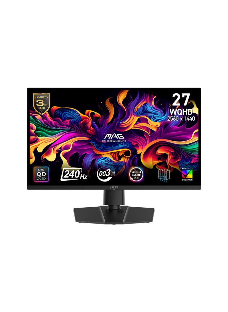 MSI MAG 271QP QD-OLED X24 27-inch 2560 x 1440 (QHD) Gaming Monitor, 240Hz, Adaptive-Synch, HDMI, DisplayPort, VESA Mountable, Tilt, Height Adjustable, Speaker, 0.03ms, Black - Image 1