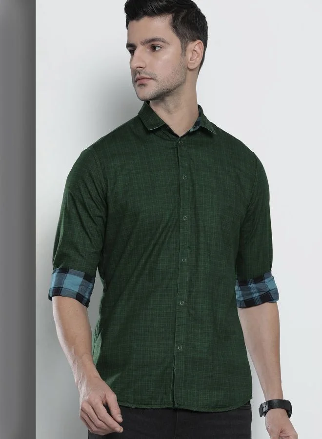 شركة المرآب الهندية Men Slim Fit Checkered Full Sleeves Spread Collar Casual Shirt