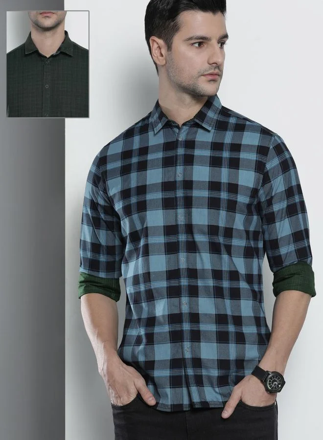 شركة المرآب الهندية Men Slim Fit Checkered Full Sleeves Spread Collar Casual Shirt